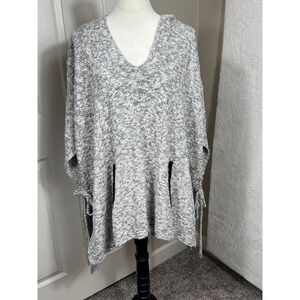 LL BEAN Women M/L Cotton Linen Knit Poncho Cape Gray Hooded Kangaroo Pocket Boho